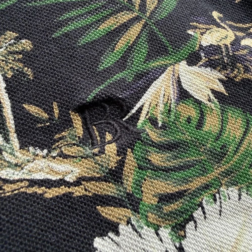Banana Republic Mens Pique Polo Shirt L Black Tropical Floral Hibiscus Cotton